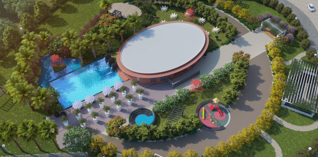 Aerial view of amenities at Megapolis Mystic near 2 & 3 BHK flats in Hinjewadi